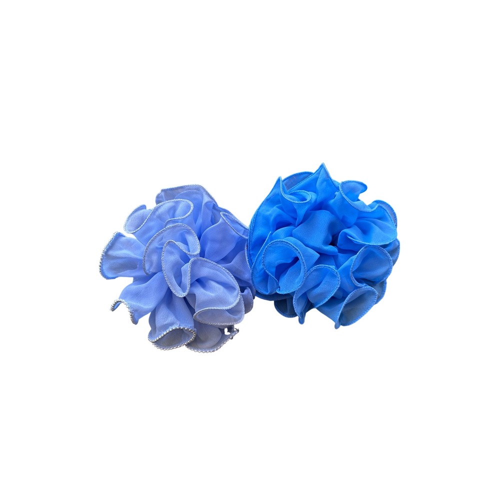 Blue Ruffle Flower Scrunchie Set Silver Metallic Trim Hair Accessories 2pc